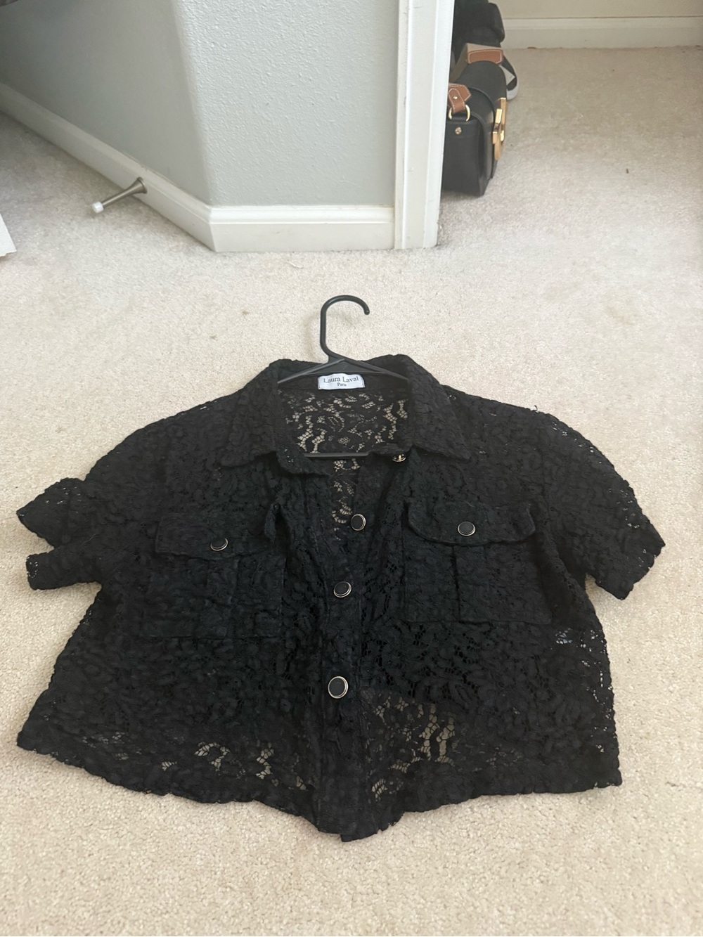 Lace Crop Button-Up Top in Black -